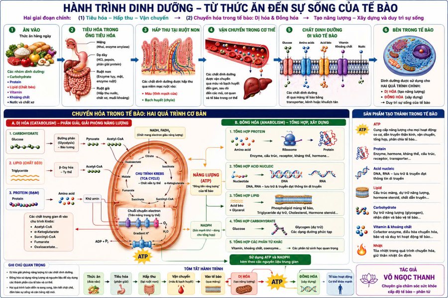 Sơ đồ hành trình dinh dưỡng từ thức ăn đến sự sống của tế bào: ăn vào, tiêu hoá, hấp thu tại ruột non, vận chuyển trong cơ thể, đi vào tế bào, rồi dị hoá tạo năng lượng và đồng hoá xây dựng
