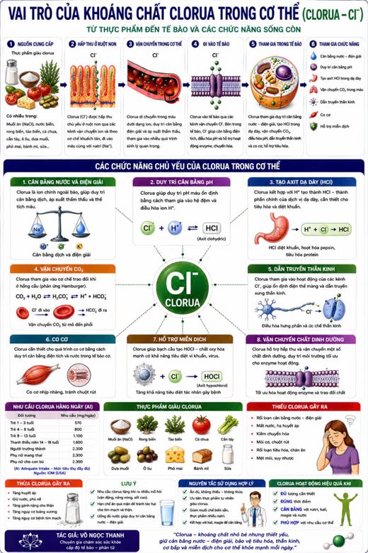 Bảng vai trò của clorua trong cơ thể